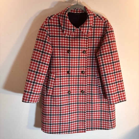 HOUNDSTOOTH SZ L Plaid Coat Double Breasted Wool Cashmere Blend Unlined Pockets - Picture 1 of 9